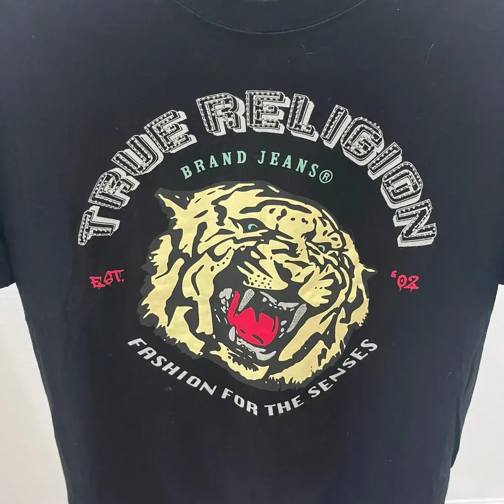 True Religion Men’s XL Tiger Face Graphic Tee Jet Black Short Sleeve T-Shirt